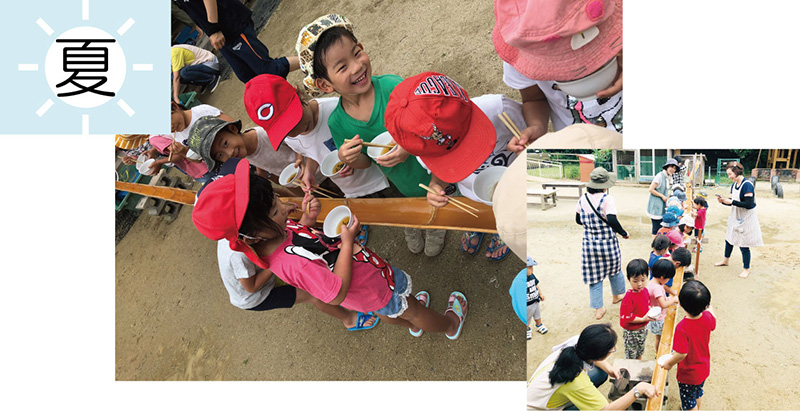 みんな大好きな、そうめん流しも恒例行事です。野菜もころころ転がって。