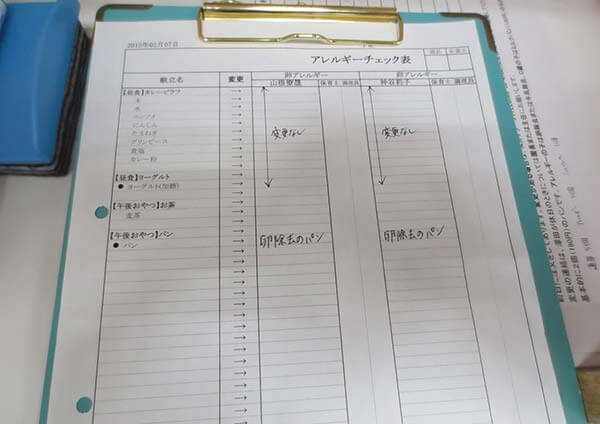 アレルギーのチェックもしっかりと。